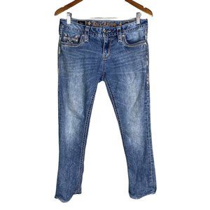 ROCK REVIVAL EASY BOOT LUZ JEANS WOMEN’s 30 THICK STITCH DISTRESSED FAUX FLAP